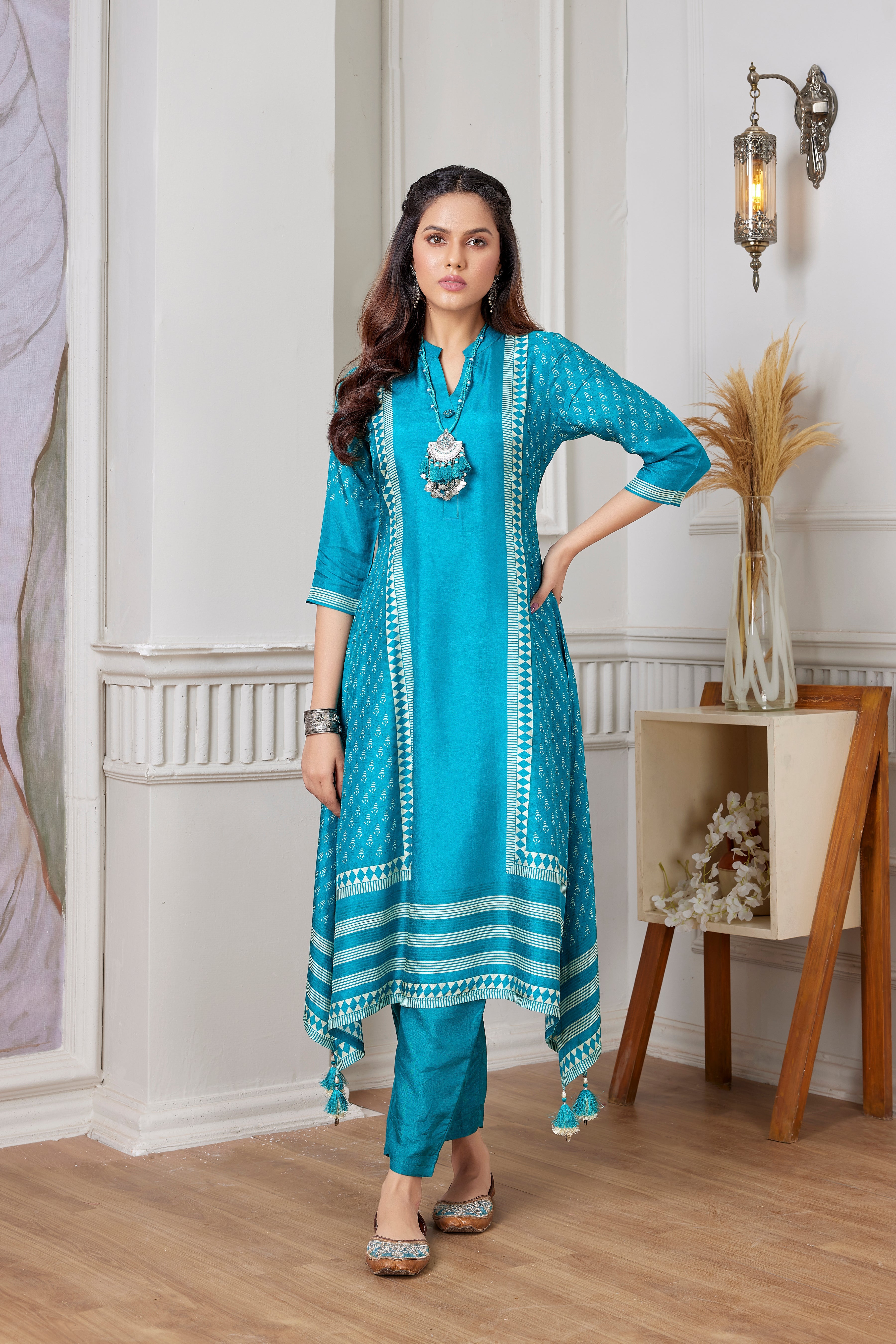 Teal Ethnic Printed Premium Silk Kurta Pants Set