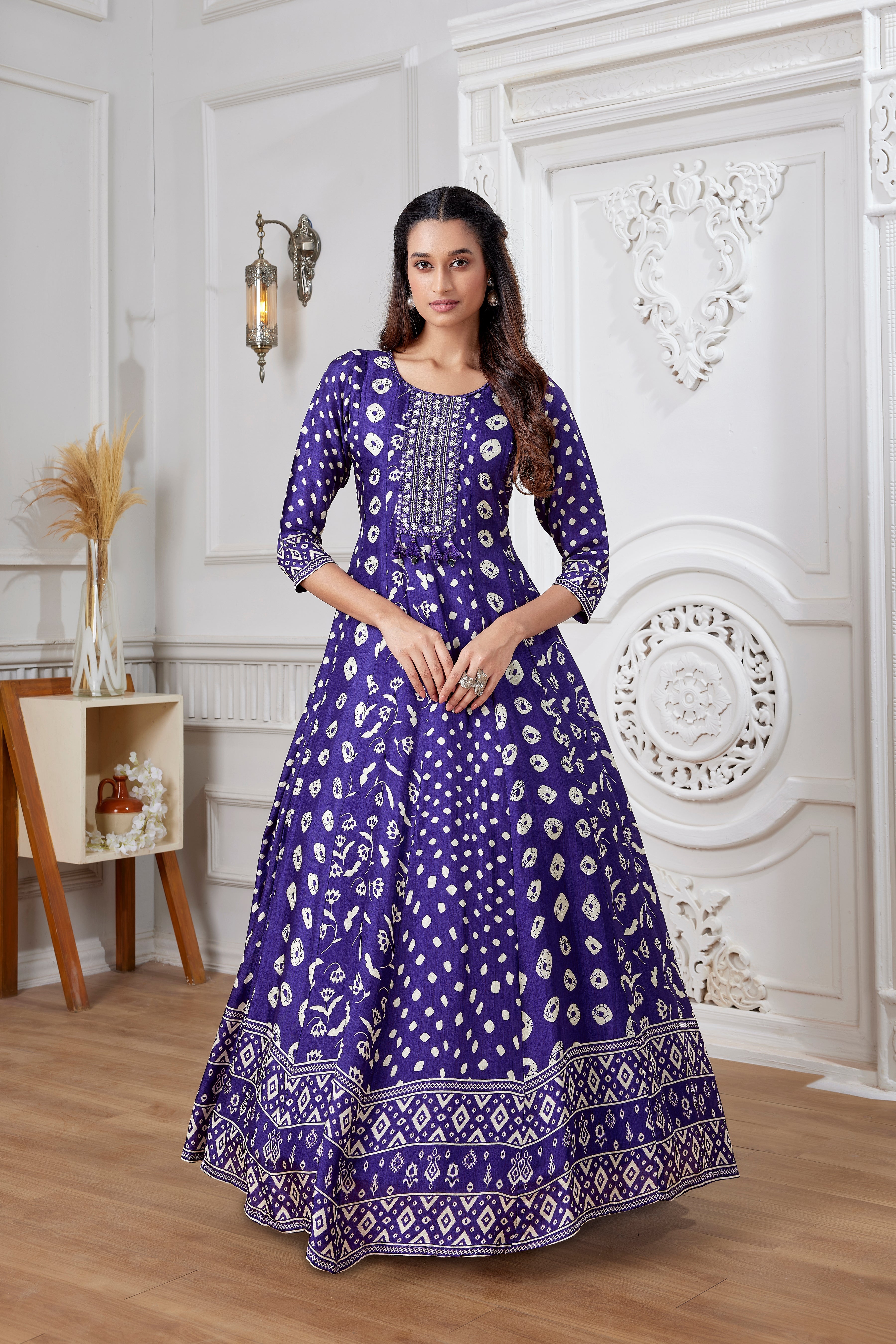 Purple Ethnic Printed Muslin Silk Anarkali Gown
