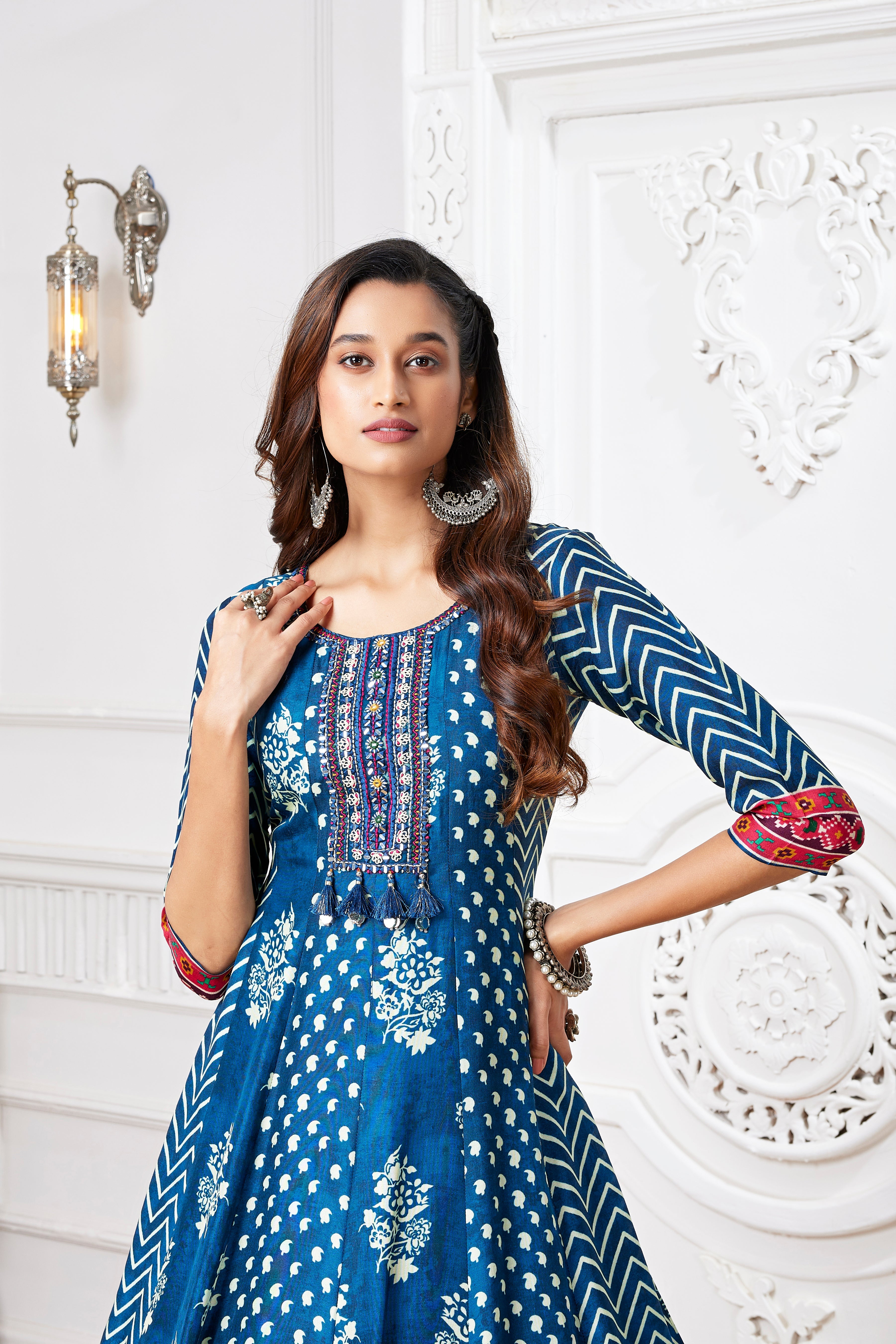 Blue Ethnic Printed Muslin Silk Anarkali Gown