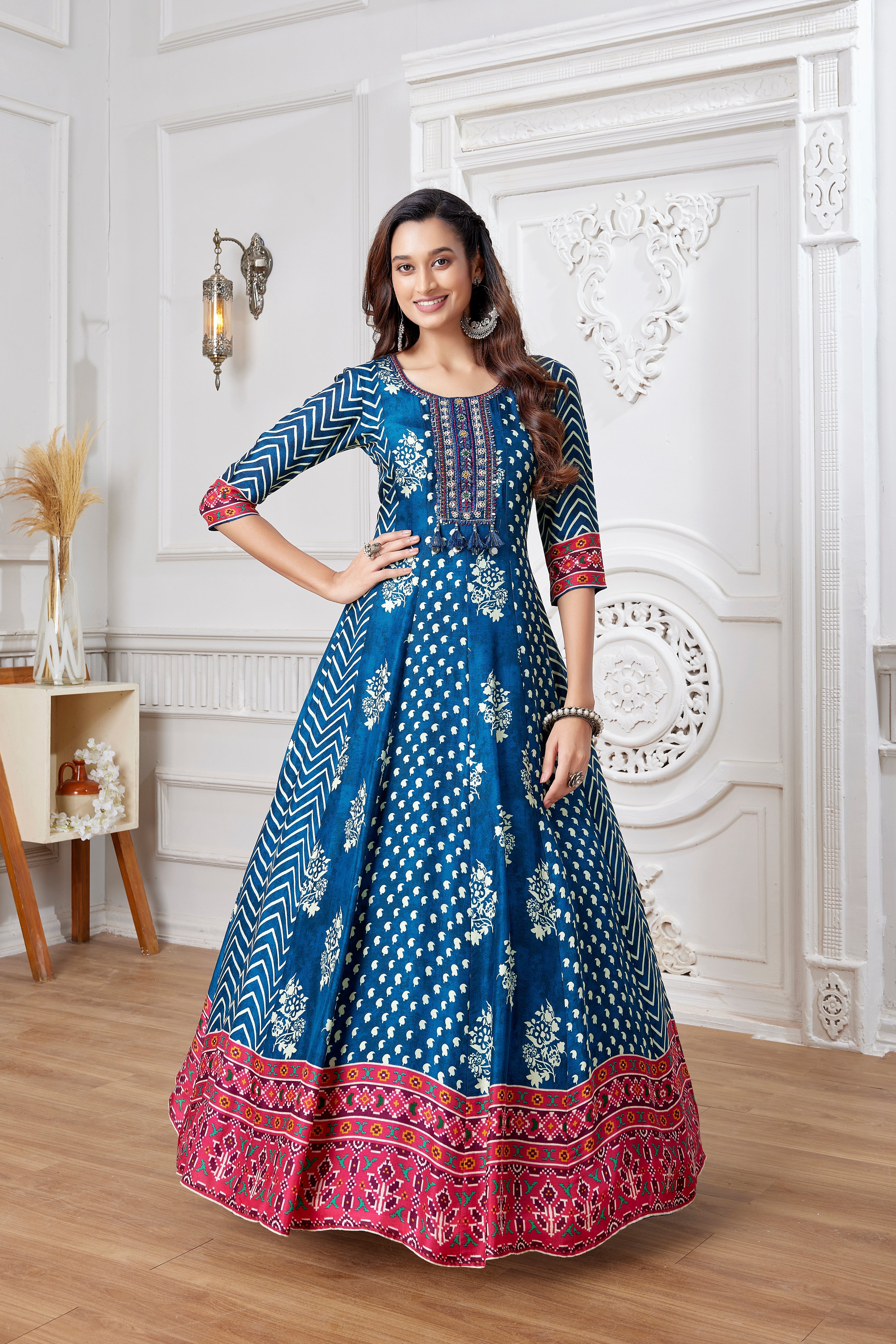 Blue Ethnic Printed Muslin Silk Anarkali Gown