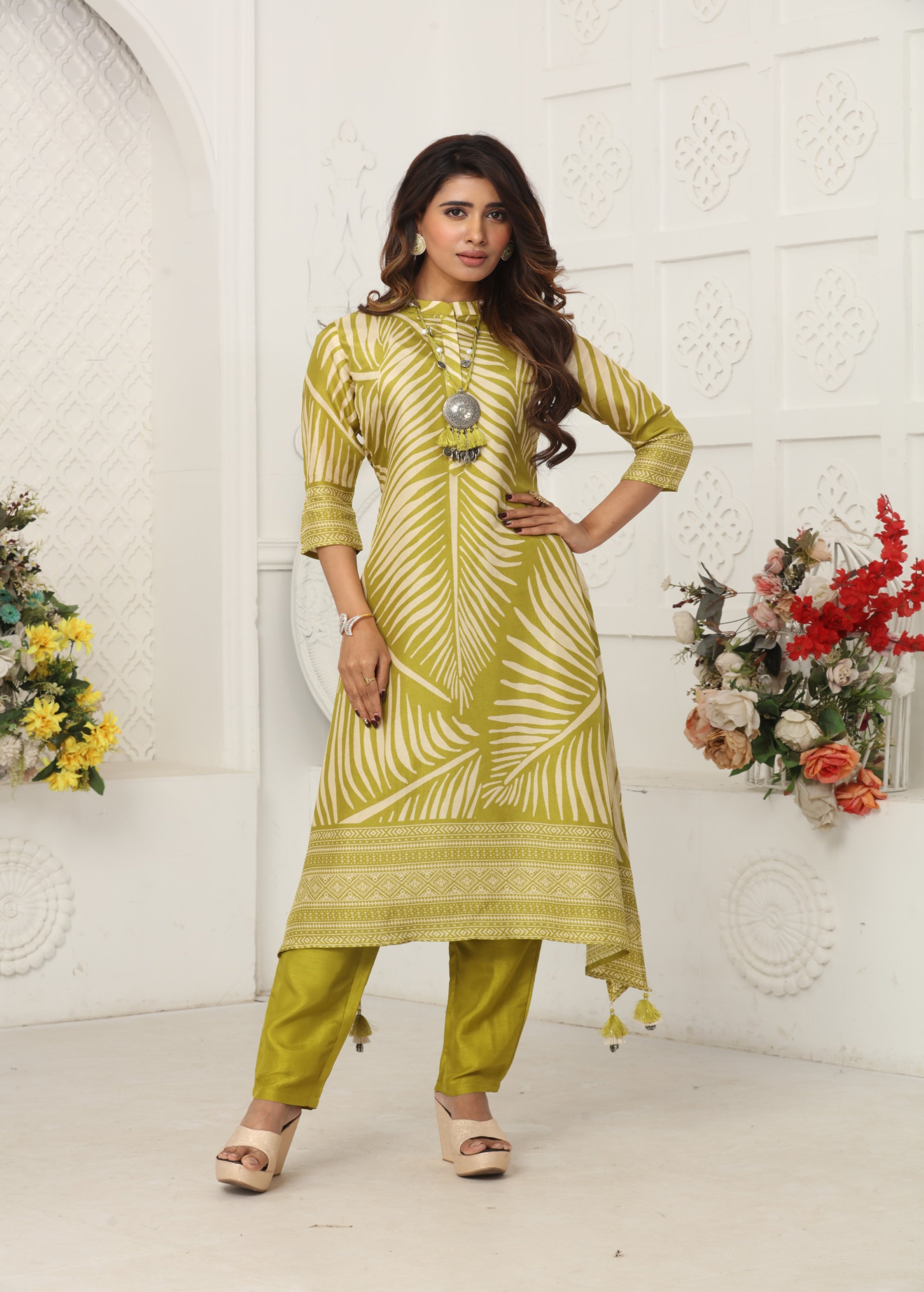 Lime Green Printed Muslin Silk Kurta Set