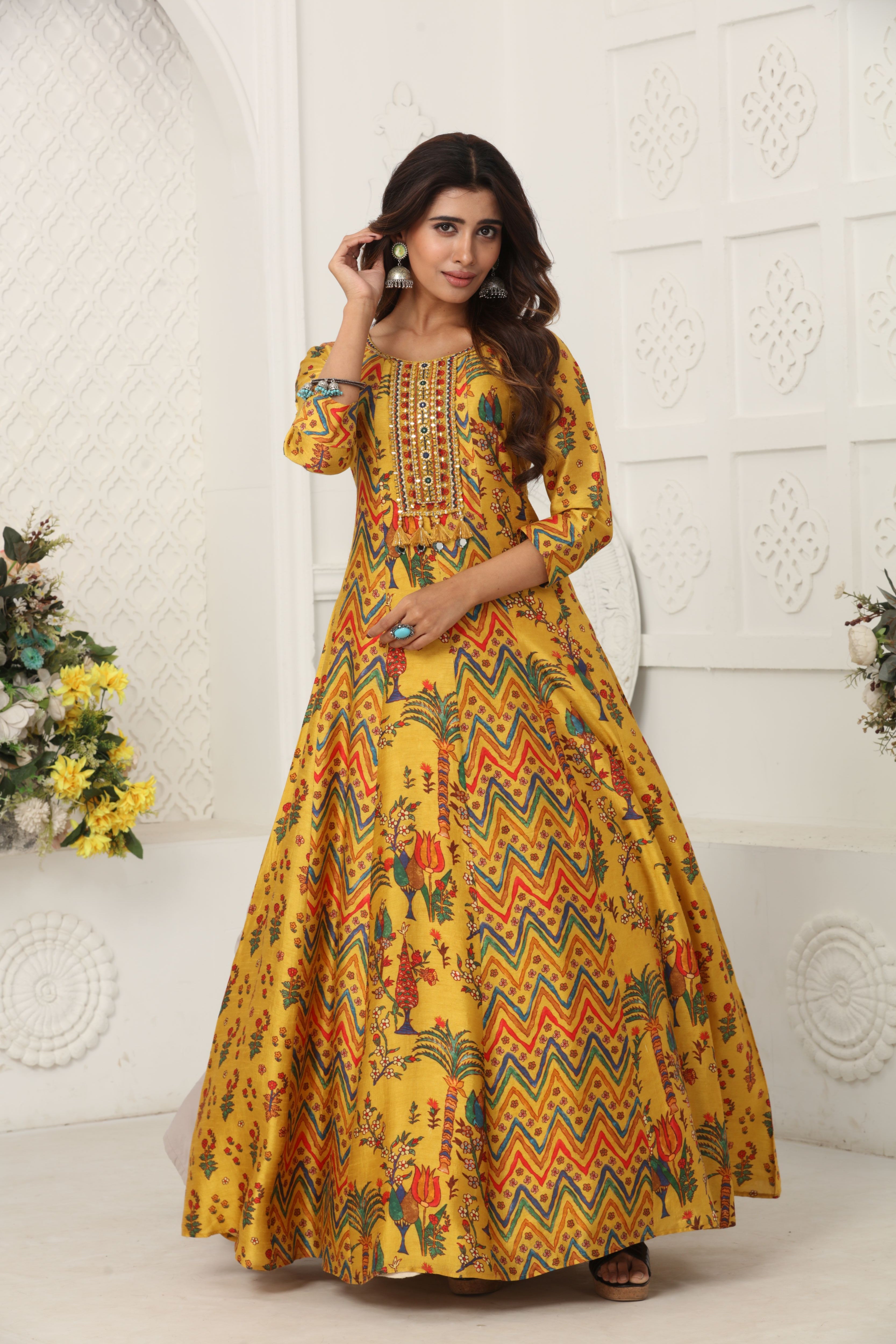 Mustard Yellow Printed Premium Silk Anarkali Gown