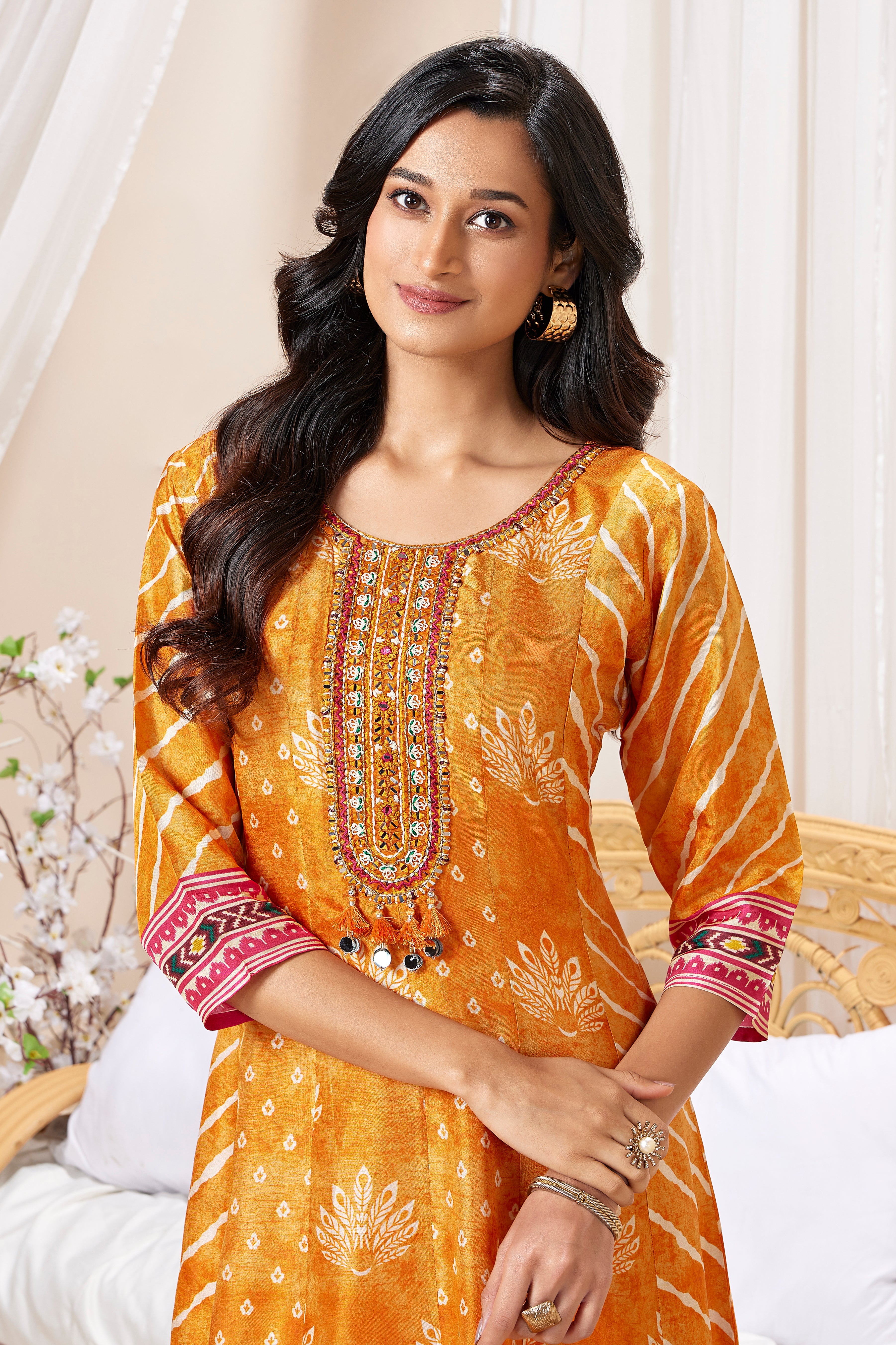 Orange Printed Muslin Silk Anarkali Set