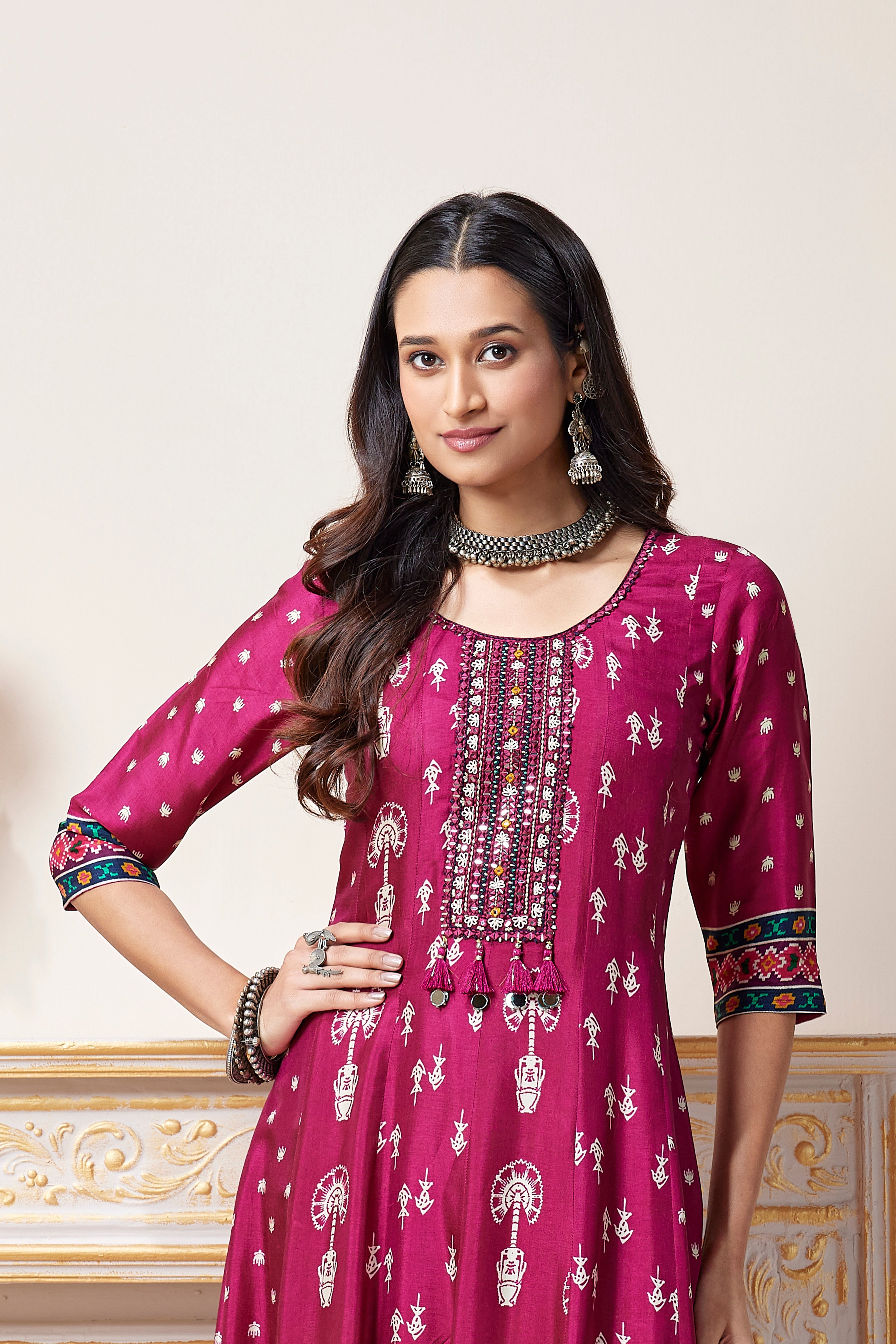 Dark Pink Embellished Muslin Silk Anarkali Gown