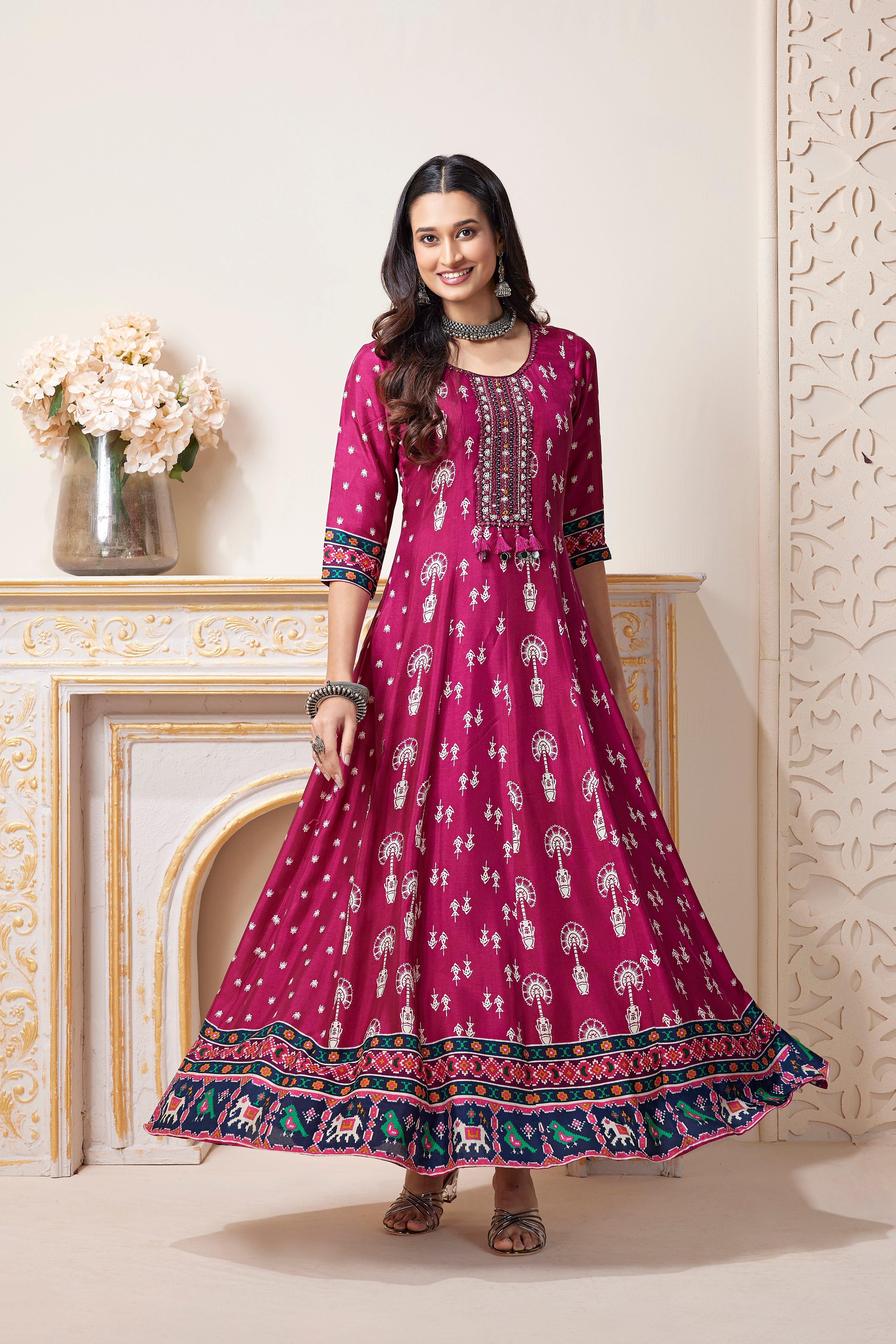 Dark Pink Embellished Muslin Silk Anarkali Gown