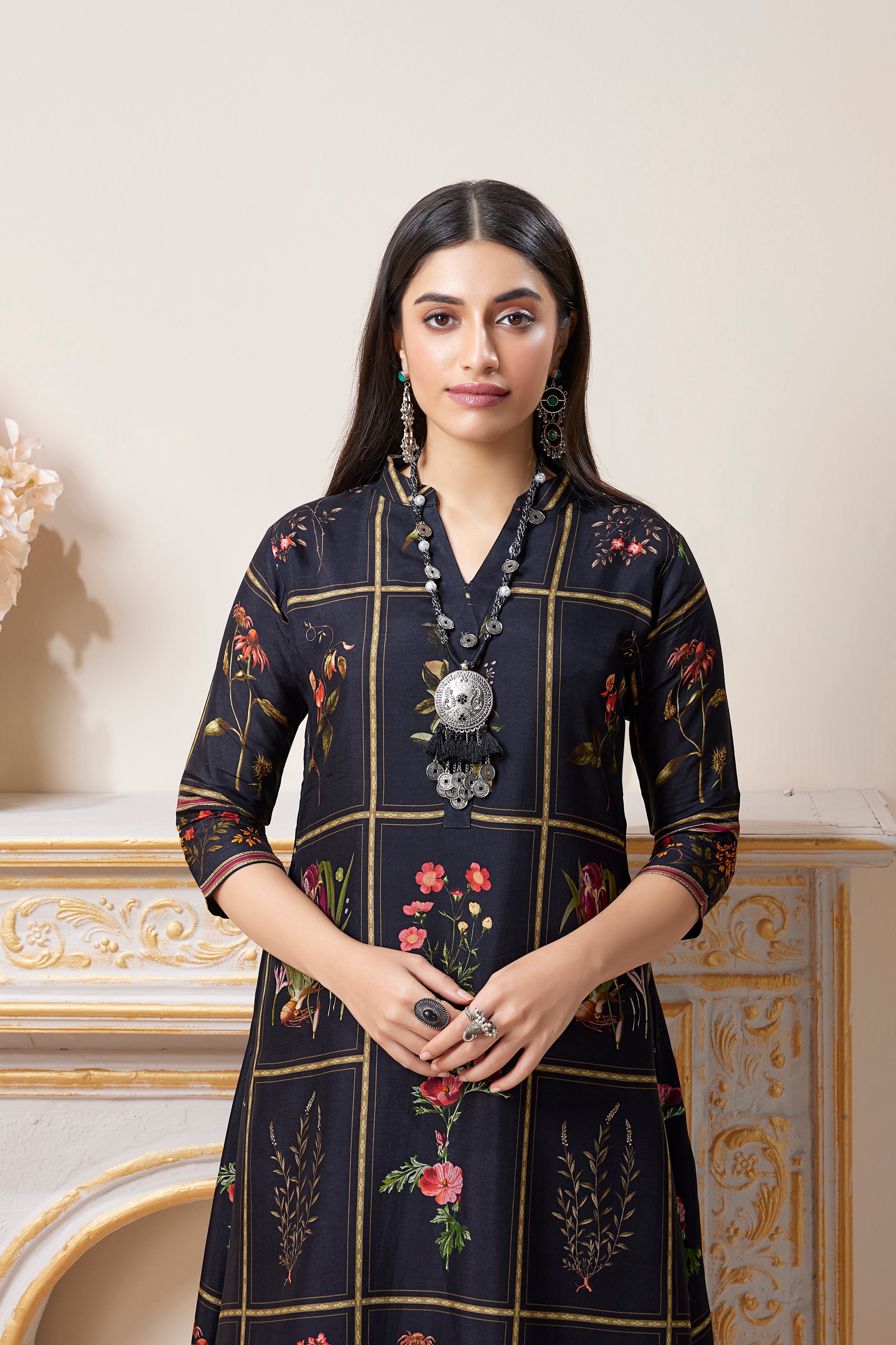 Charcoal Printed Muslin Silk Kurta Set
