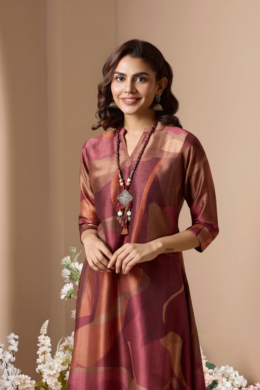 Maroon Rust Printed Chinon Silk Pant Set