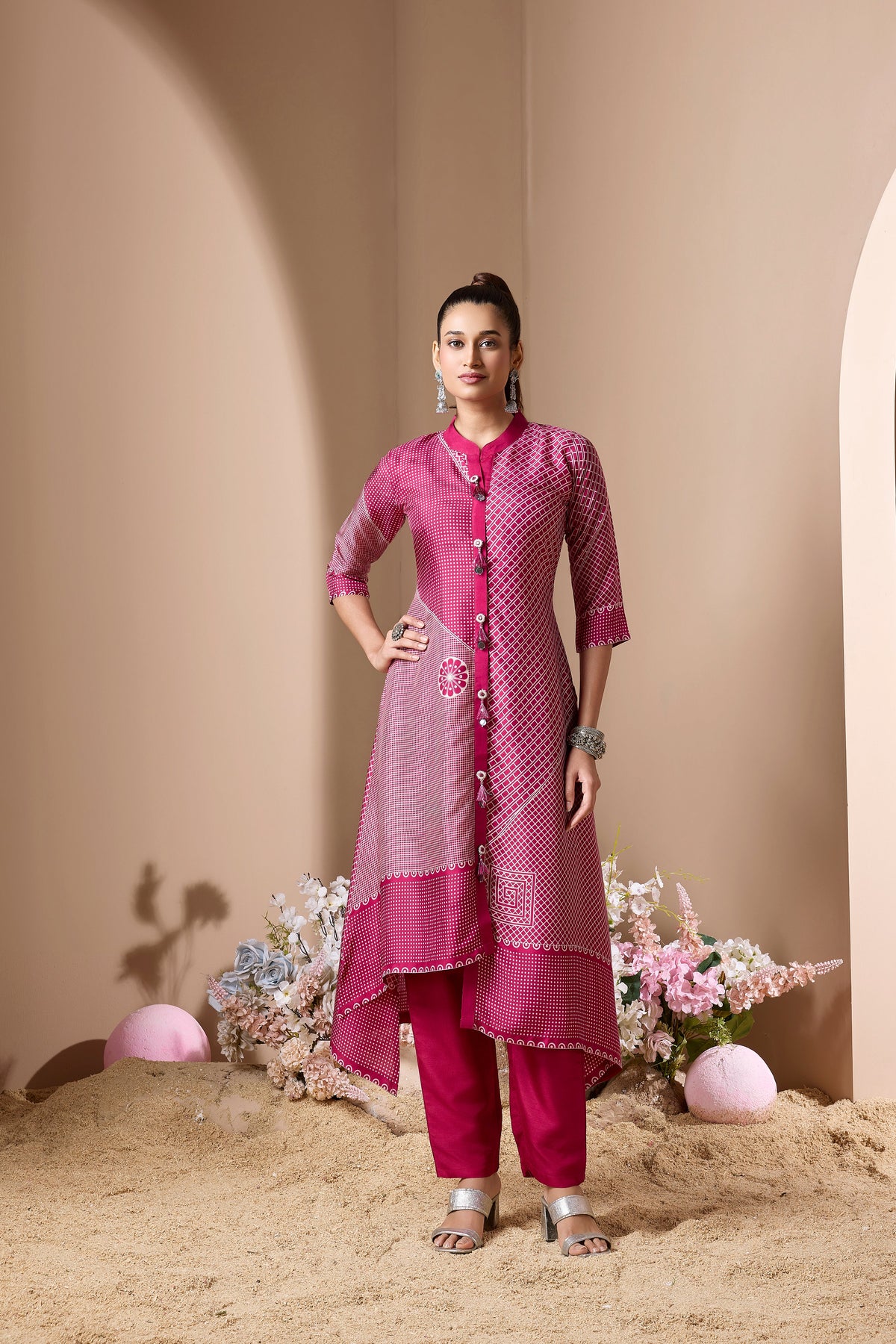 Magenta Pink Printed Crepe Silk Pant Set