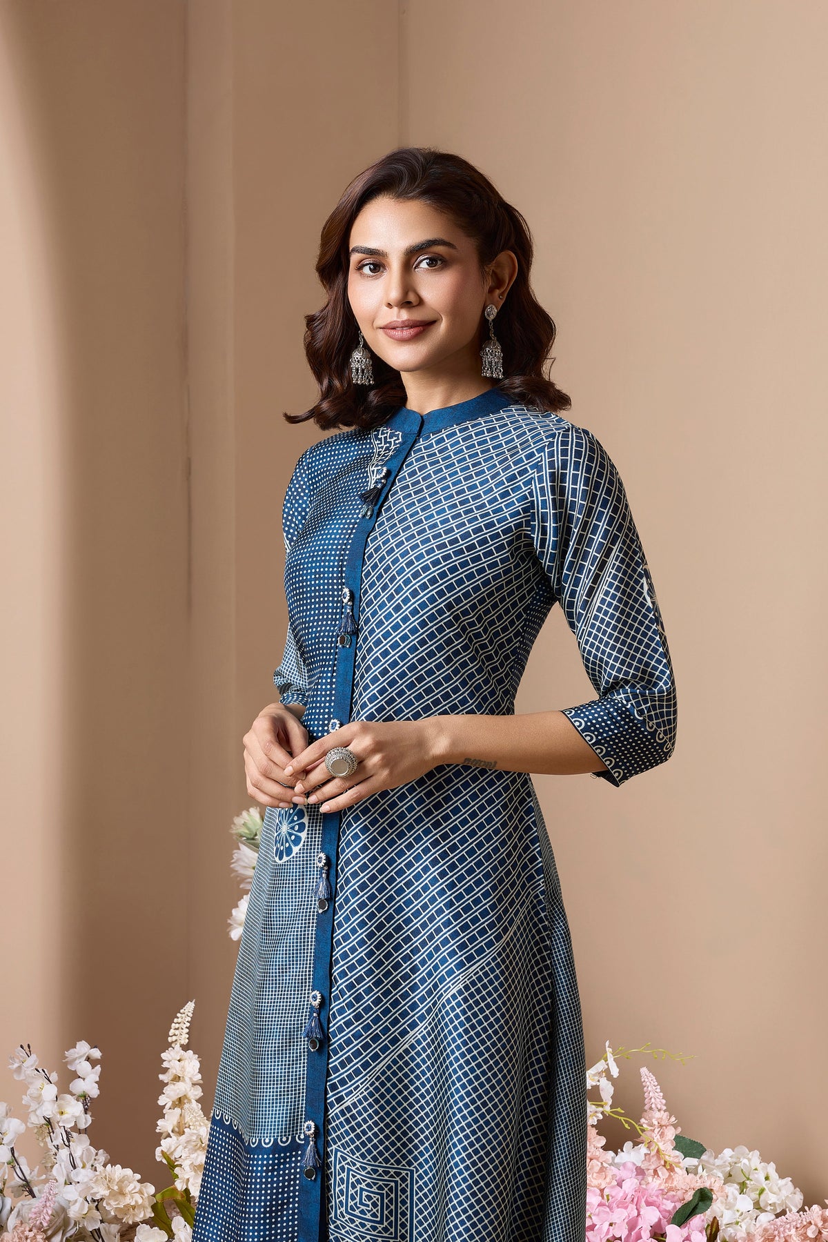 Royal Blue Printed Crepe Silk Pant Set