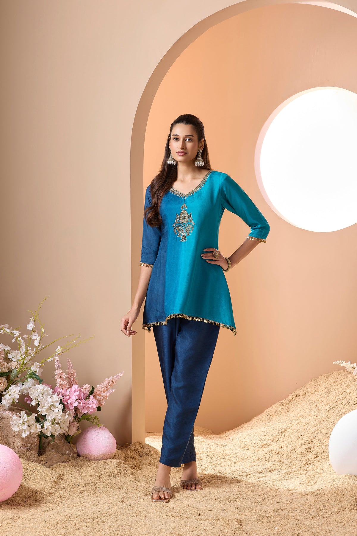 Royal Blue Embellished Raw Silk Palazzo Set