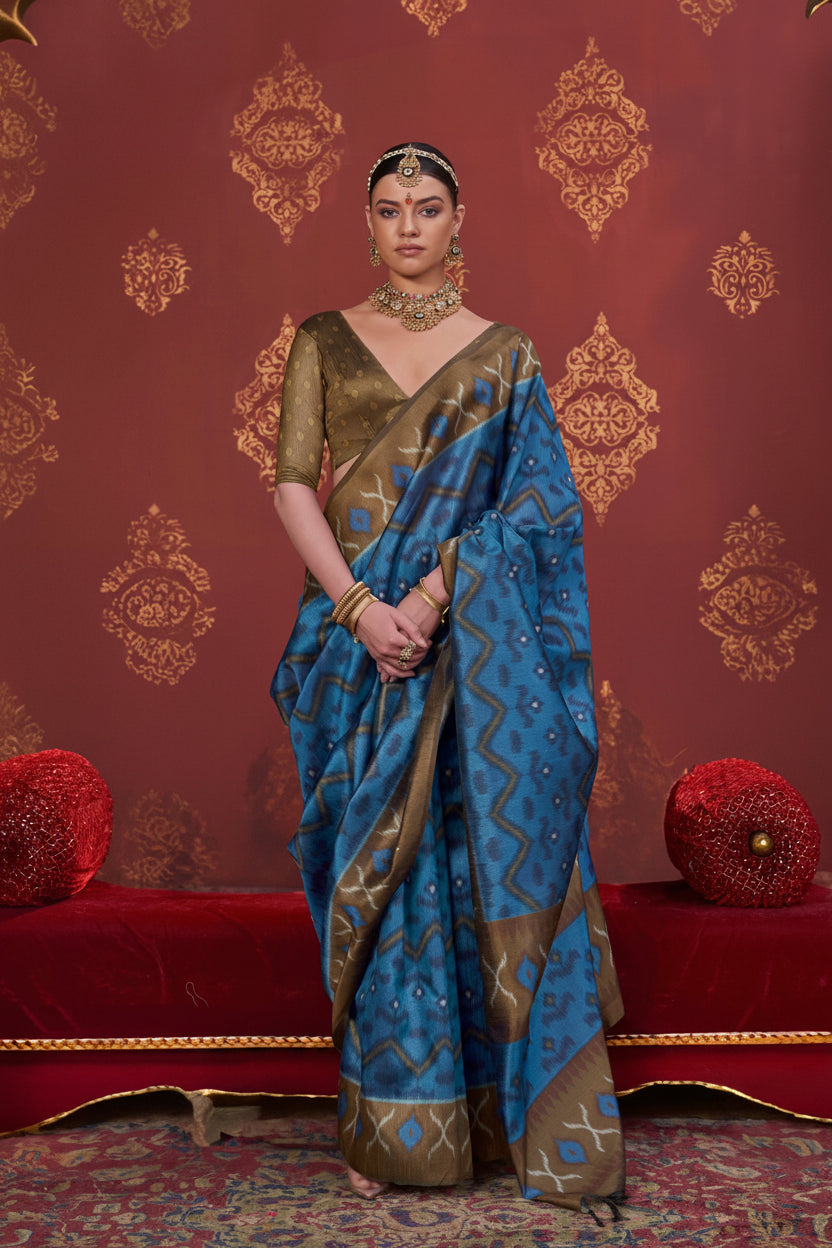 Cerulean Blue Printed Premium Silk Saree