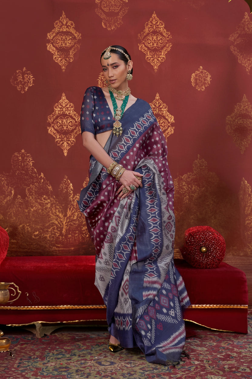 Wine Blue Printed Premium Silk Saree