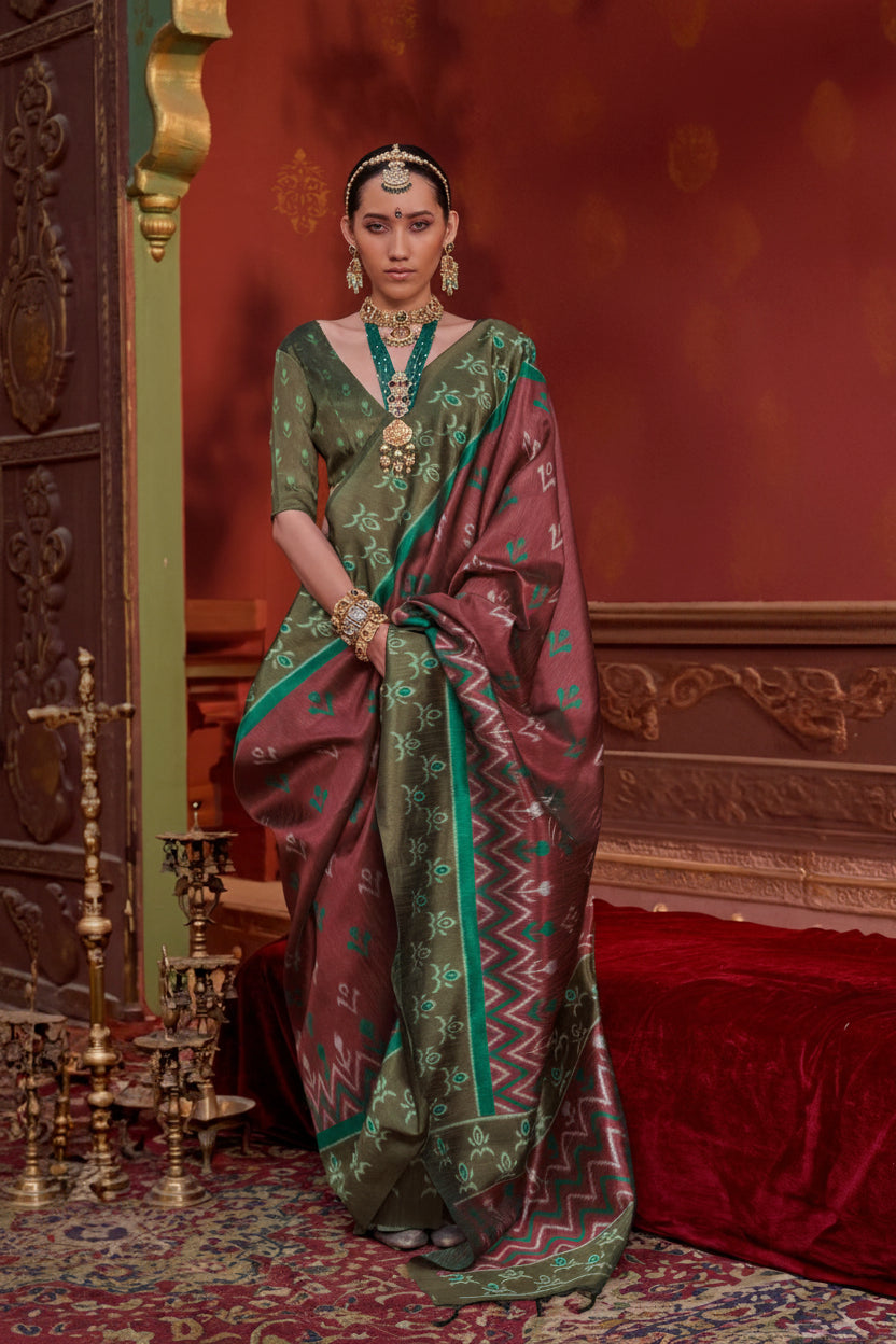 Maroon Brown Printed Premium Silk Saree