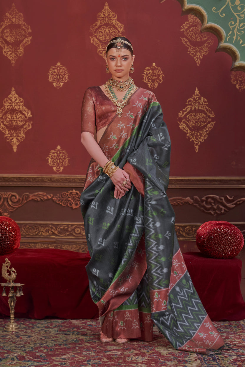 Granite Grey Printed Premium Silk Saree