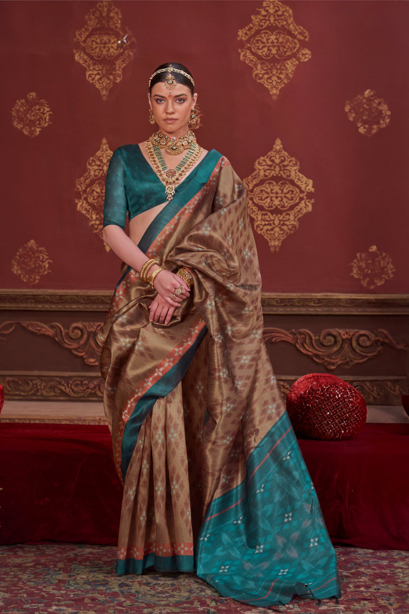 Bronze Brown Printed Premium Silk Saree