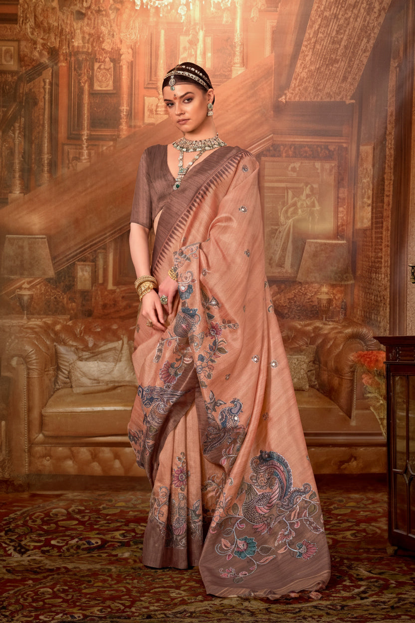 Soft Peach Printed Tussar Silk Saree