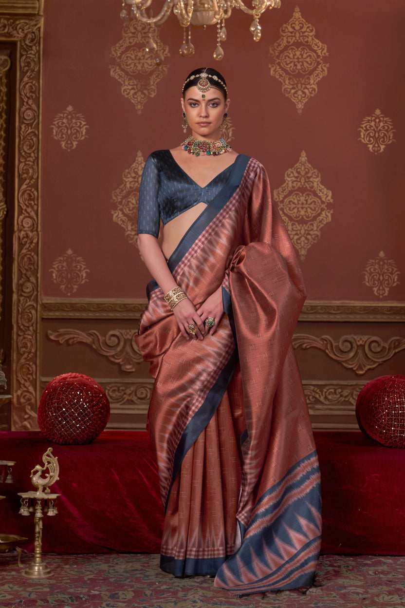 Rust Copper Printed Premium Silk Saree