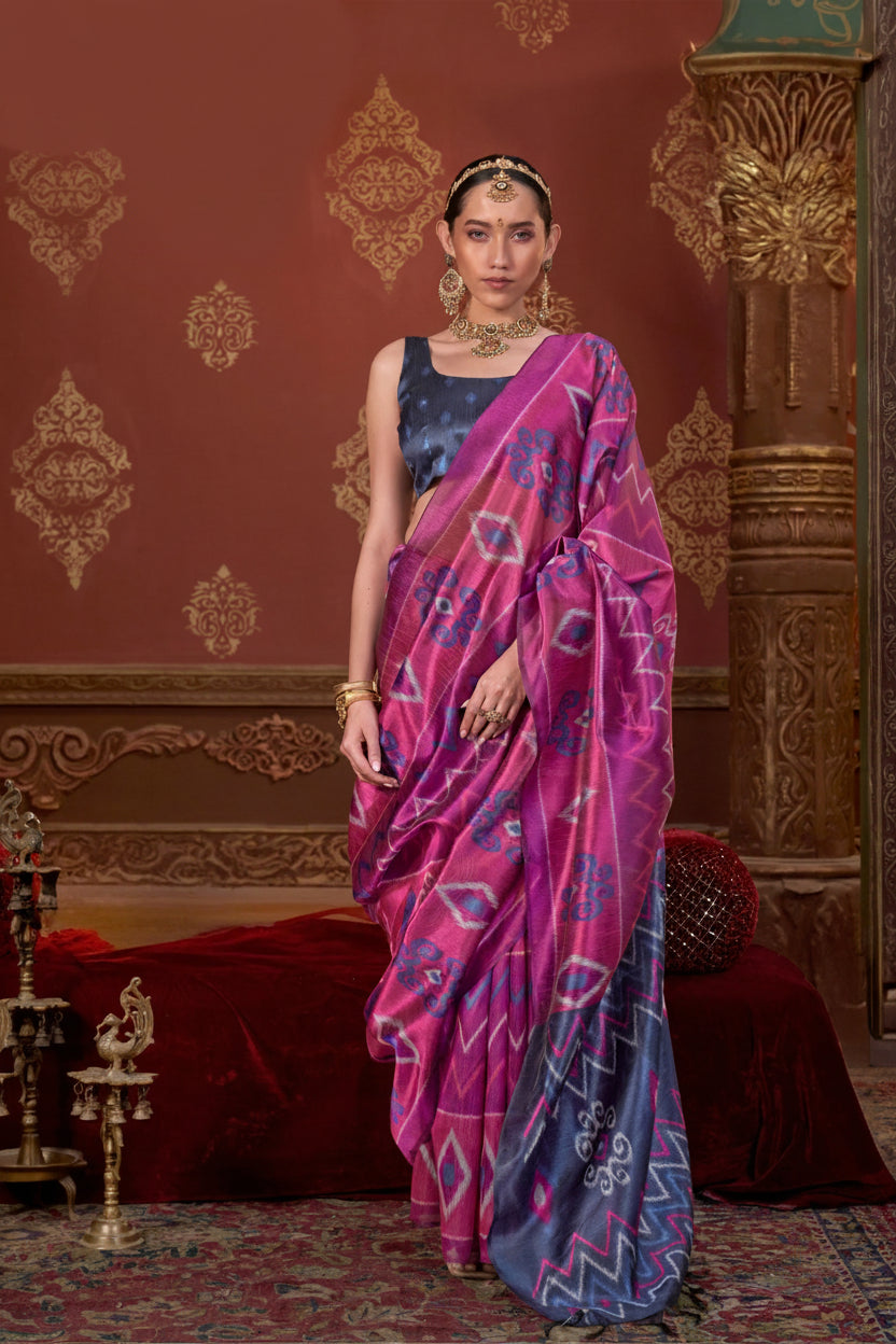Magenta Pink Printed Premium Silk Saree