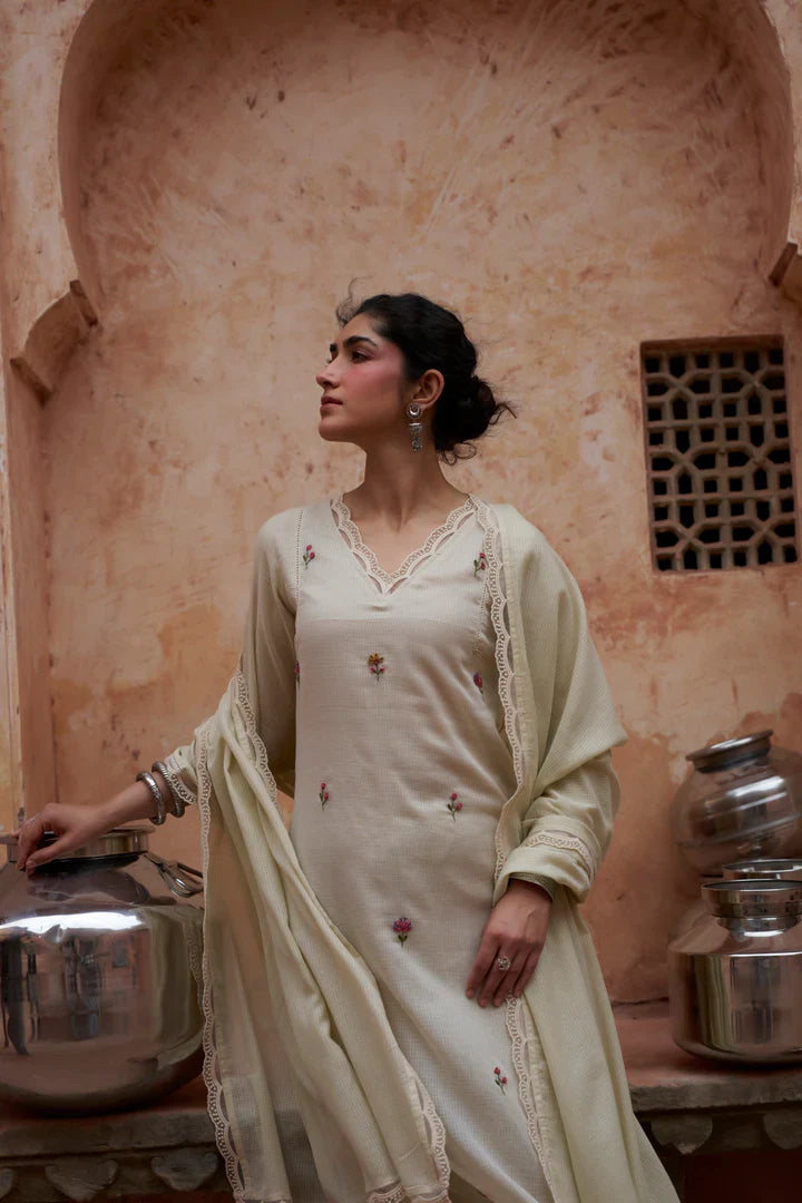 Soft Beige Embroidered Kota Doria Pant Set