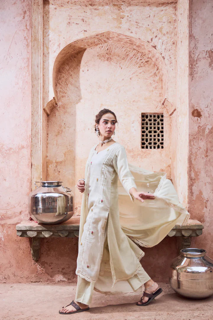 Warm Beige Embroidered Kota Doria Pant Set