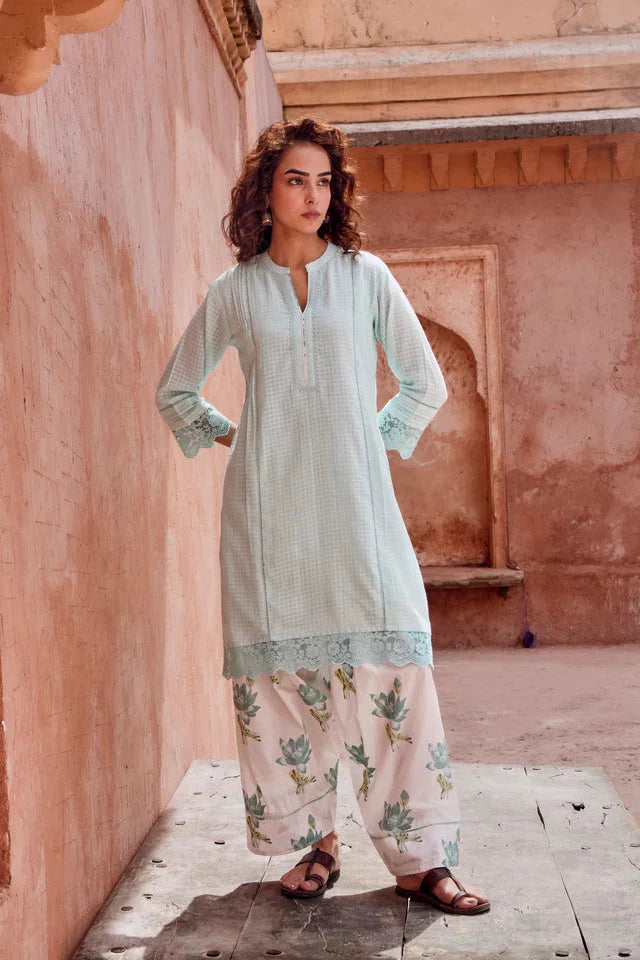 Powder Blue Checks Mul-Cotton Kurta Set