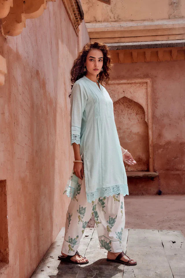 Powder Blue Checks Mul-Cotton Kurta Set