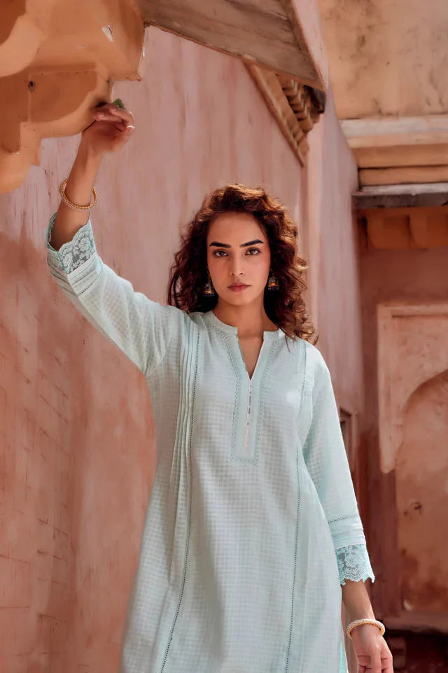 Powder Blue Checks Mul-Cotton Kurta Set