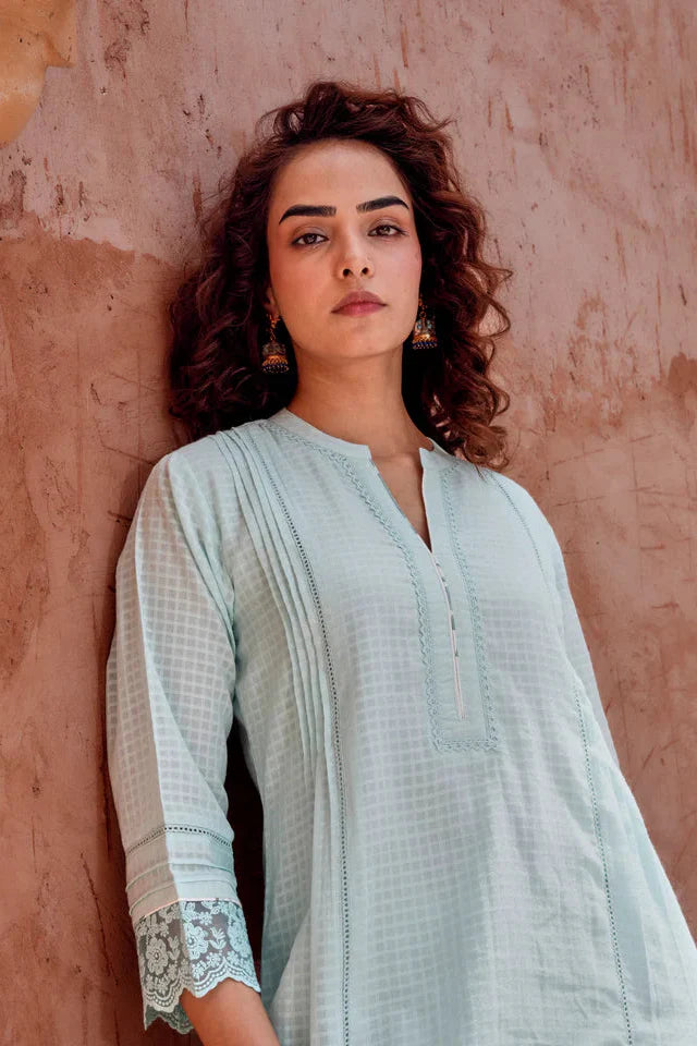 Powder Blue Checks Mul-Cotton Kurta Set