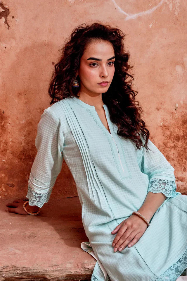 Powder Blue Checks Mul-Cotton Kurta Set