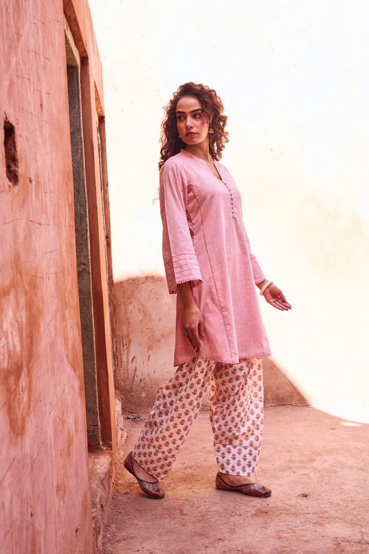 Pastel Pink Mul-Cotton Kurta Set