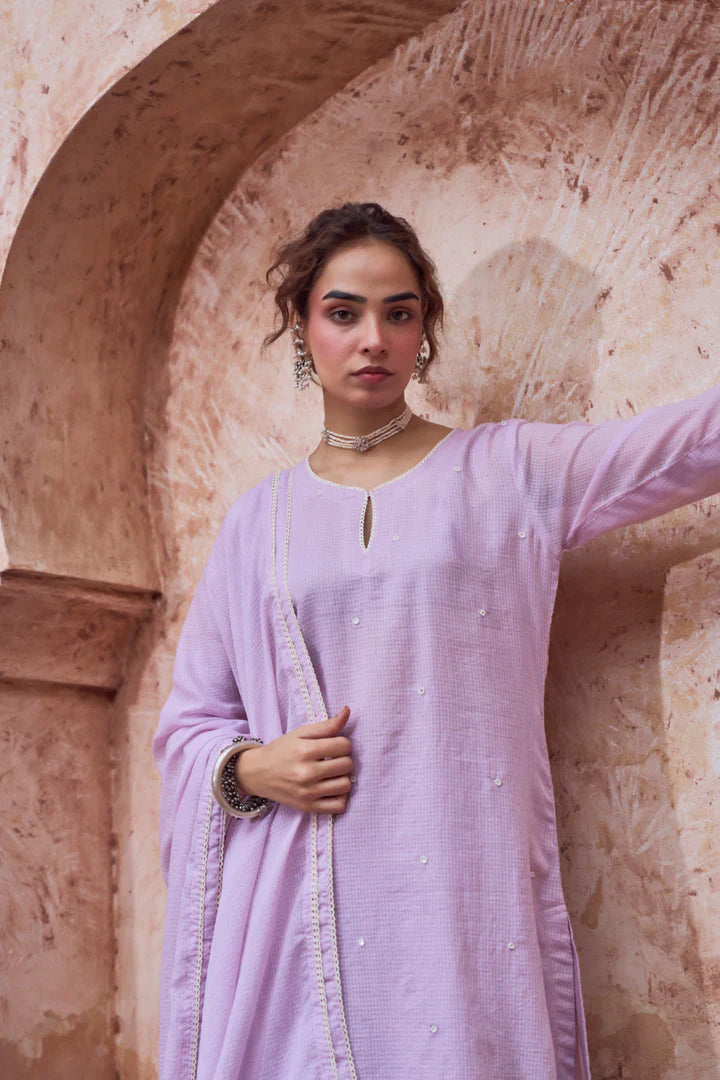 Lilac Beaded Kota Doria Pant Set