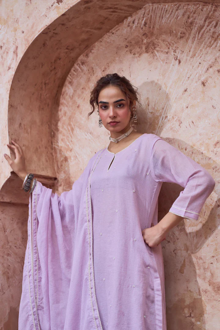 Lilac Beaded Kota Doria Pant Set