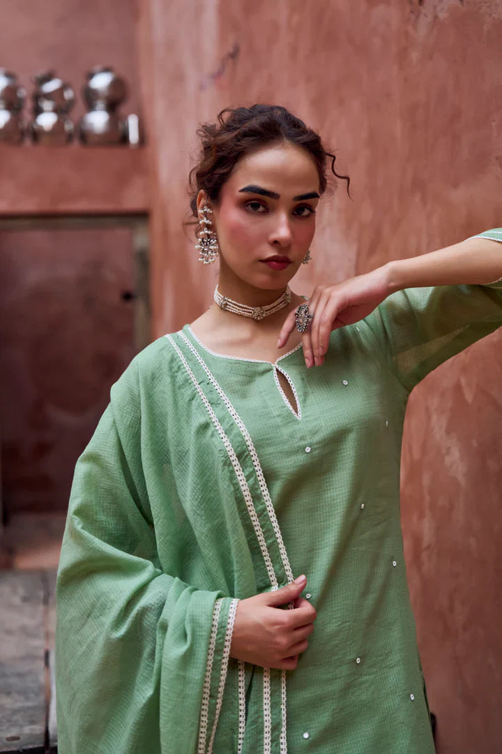 Sage Green Beaded Kota Doria Pant Set