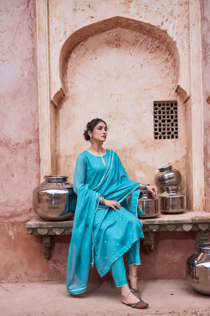 Teal Blue Beaded Kota Doria Pant Set