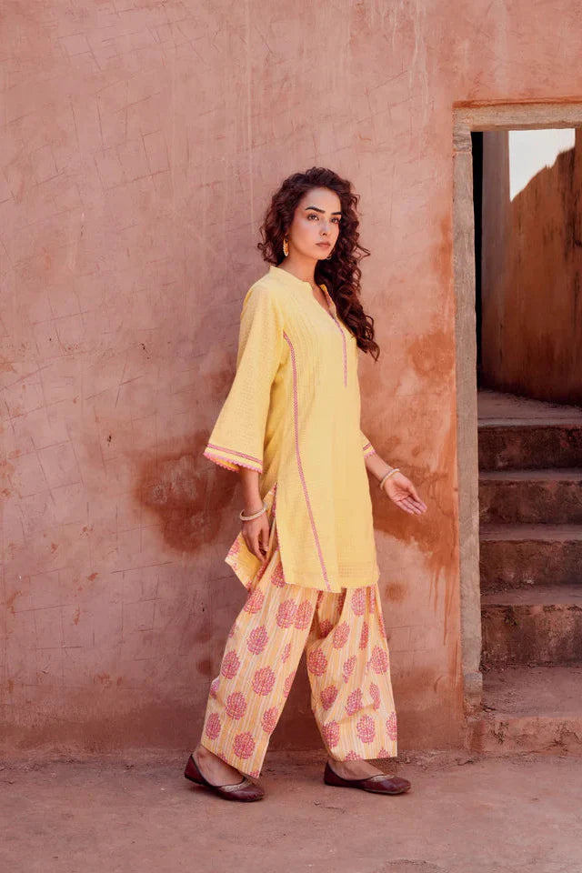 Lemon Yellow Textured Mul-Cotton Kurta Set