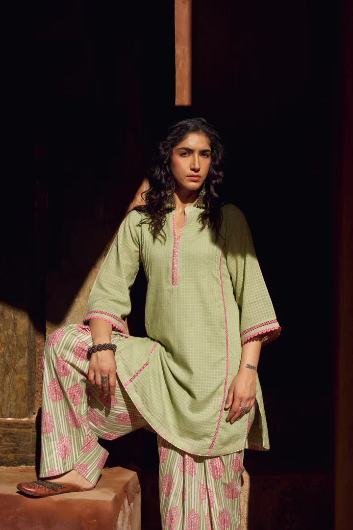 Pista Green Textured Mul-Cotton Kurta Set