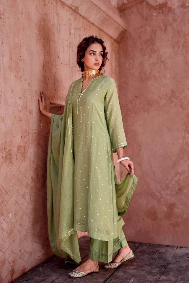 Sage Green Zari Dotted Mul-Cotton Pant Set