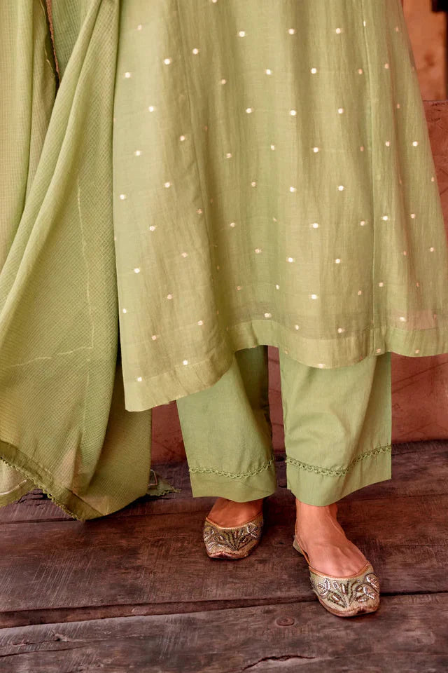 Sage Green Zari Dotted Mul-Cotton Pant Set