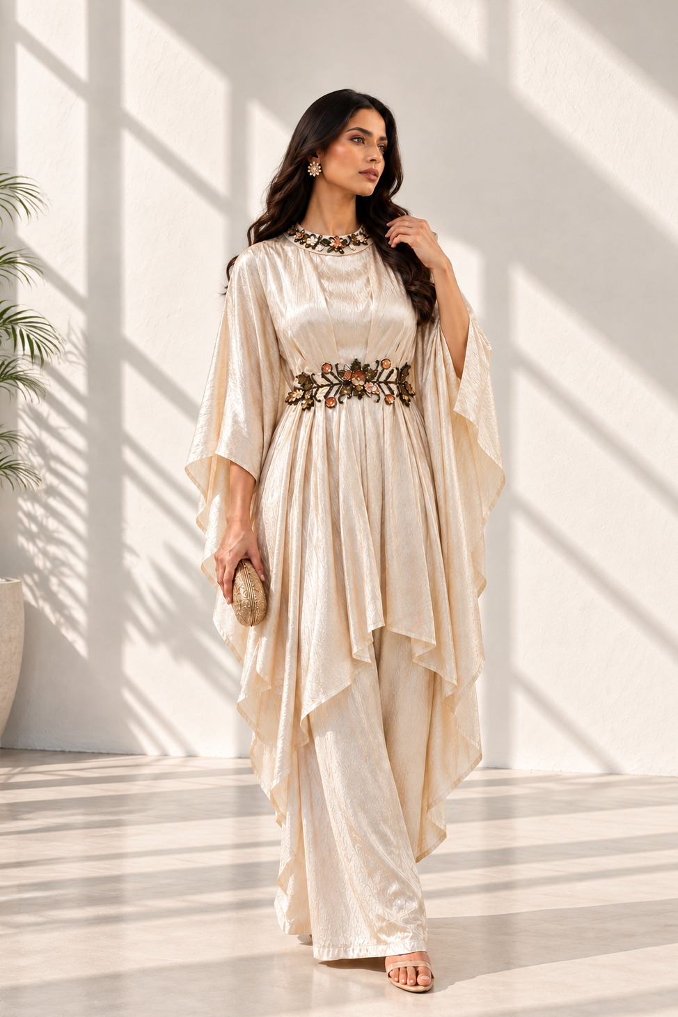 Metallic Ivory Embellished Shimmer Silk Co-ord Set