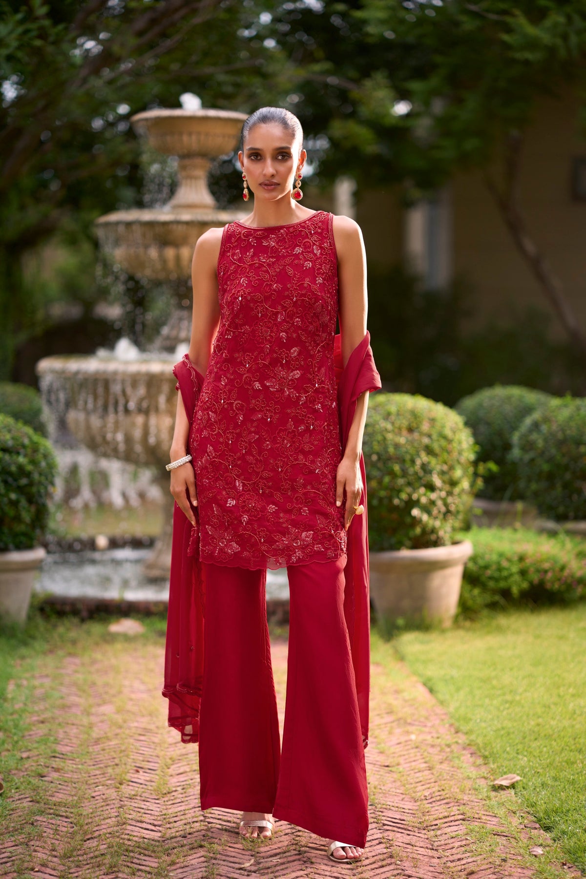 Crimson Red Embellished Georgette Silk Palazzo Set