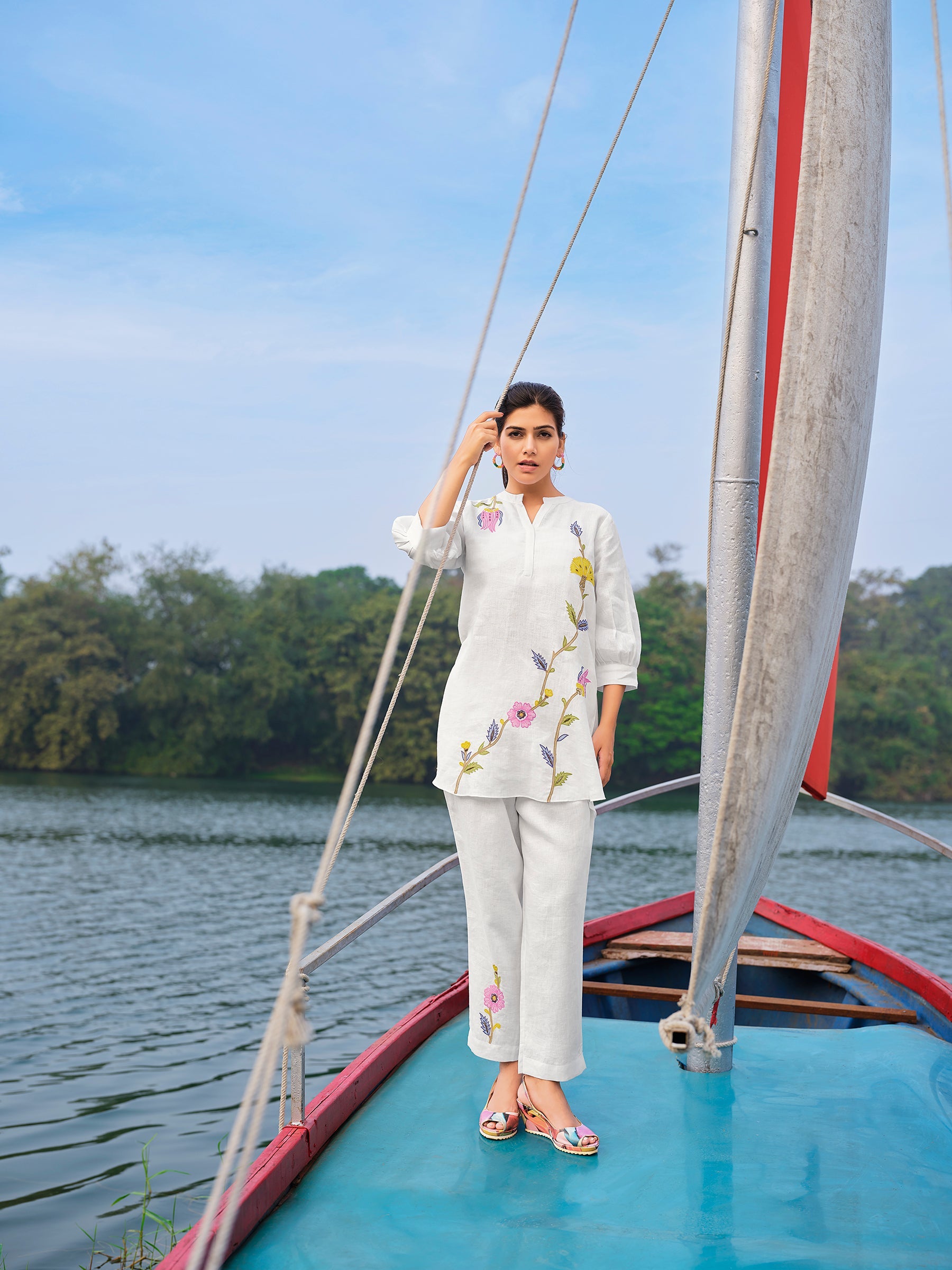 Pure White Floral Embroidered Linen Co-ord Set