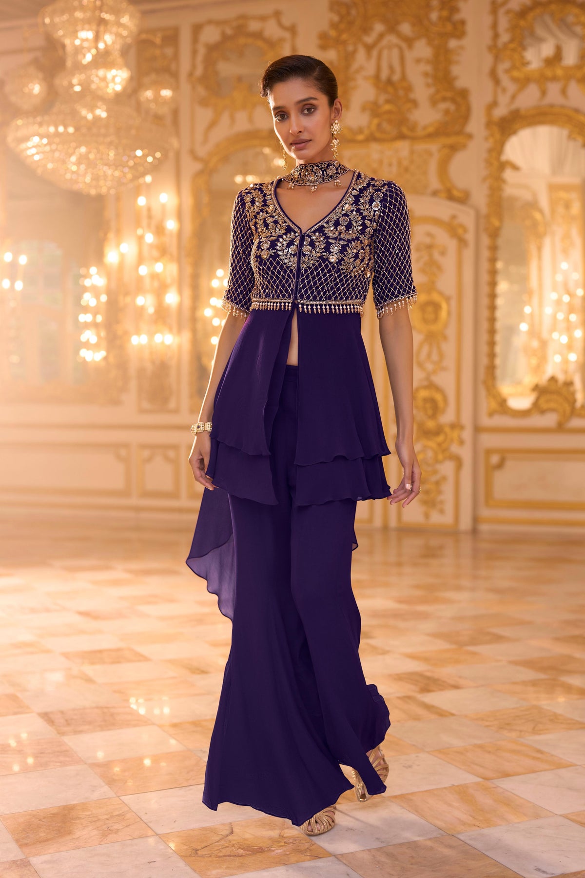 Midnight Purple Embellished Georgette Silk Palazzo Set
