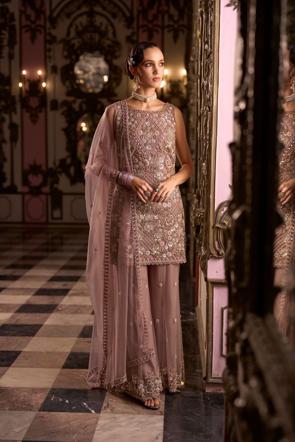 Soft Orchid Embellished Premium Net Palazzo Set