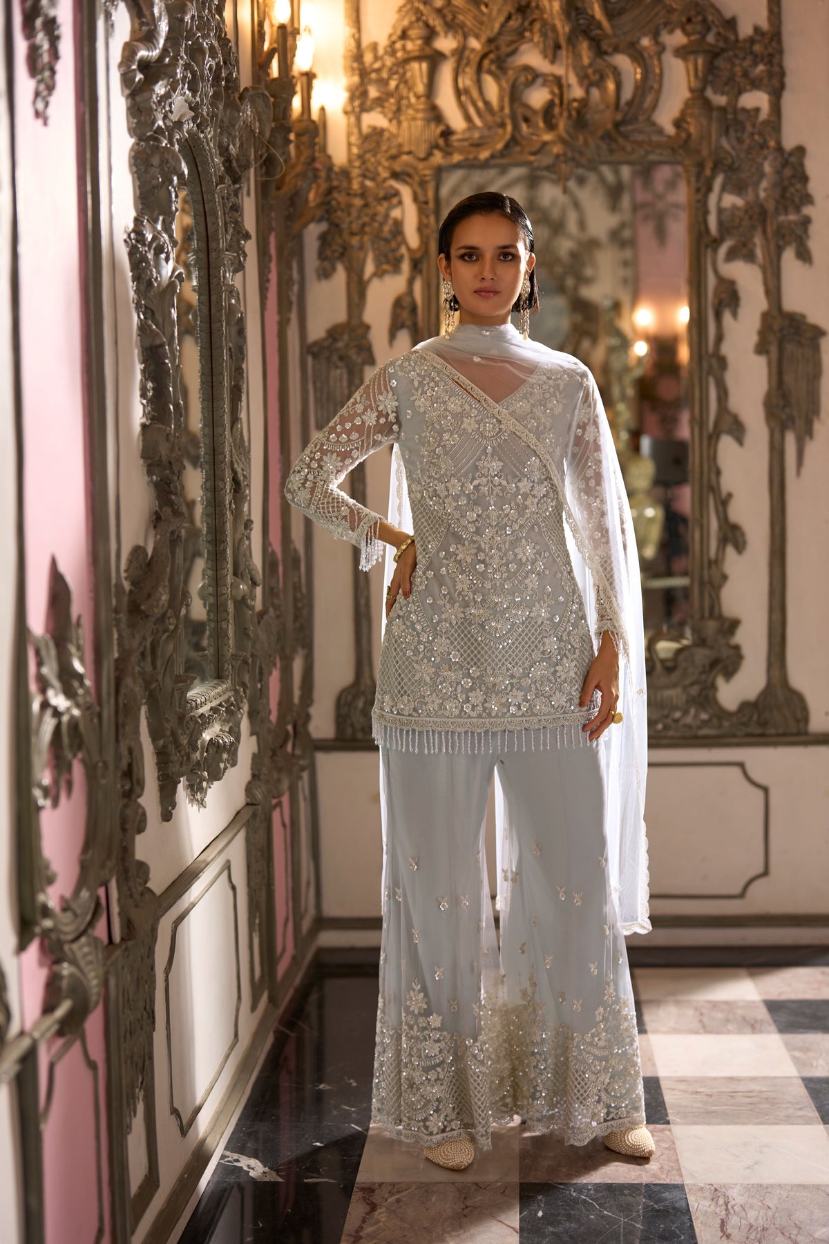 Ice Silver Embellished Premium Net Palazzo Set