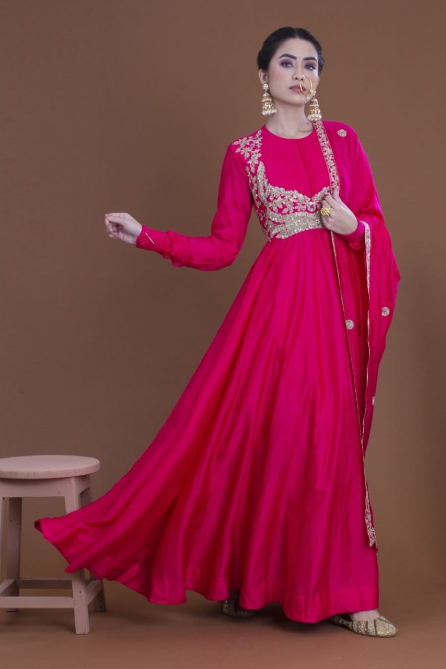 knee length dresses for ladies Rani Pink Crepe Silk Long Dress and Dupatta Set S / Crepe Silk / Made to Order