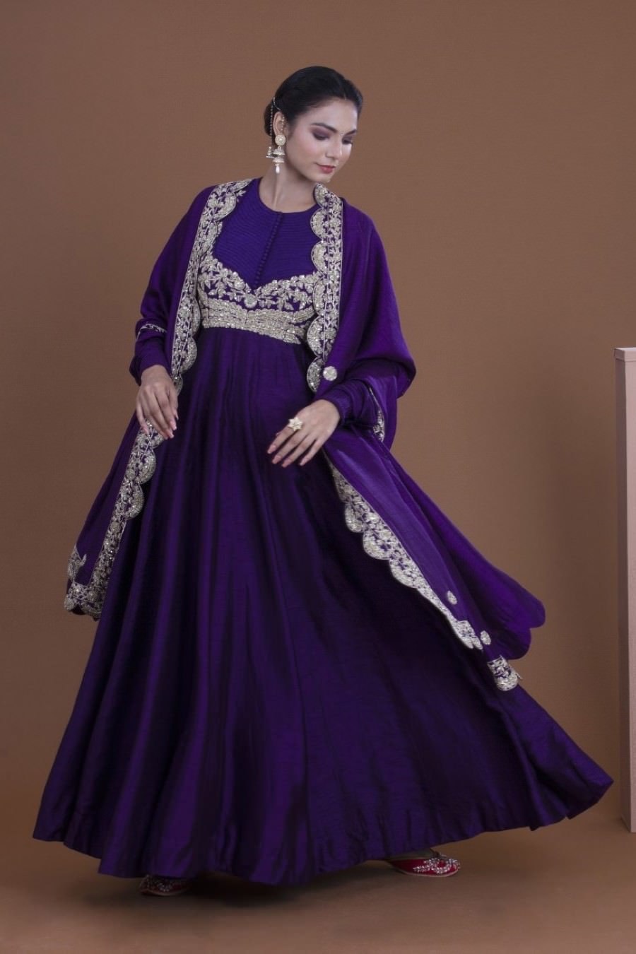 Purple Crepe Silk Long Dress and Dupatta Set XL / Crepe Silk / Made to Order