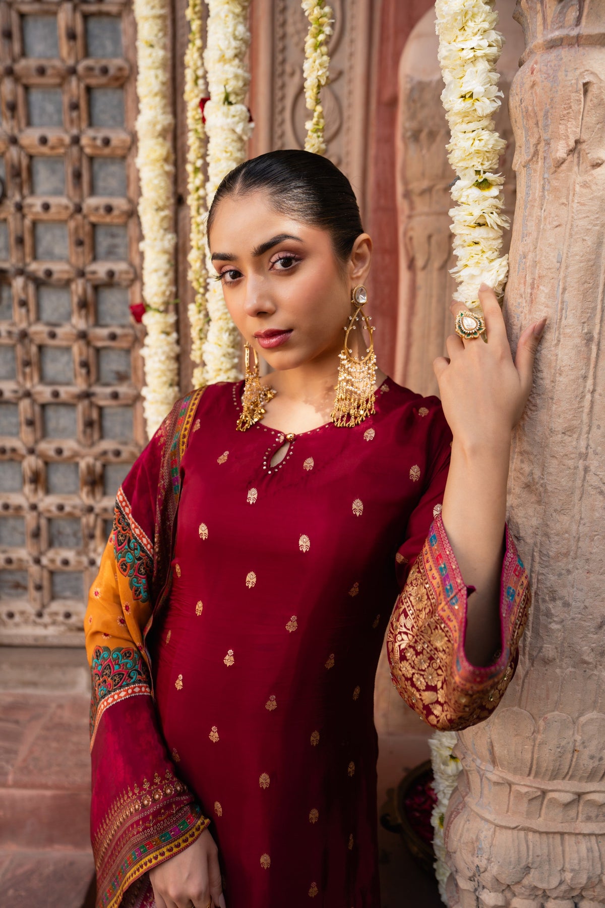 Maroon Embellished Brocade Silk Anarkali Set