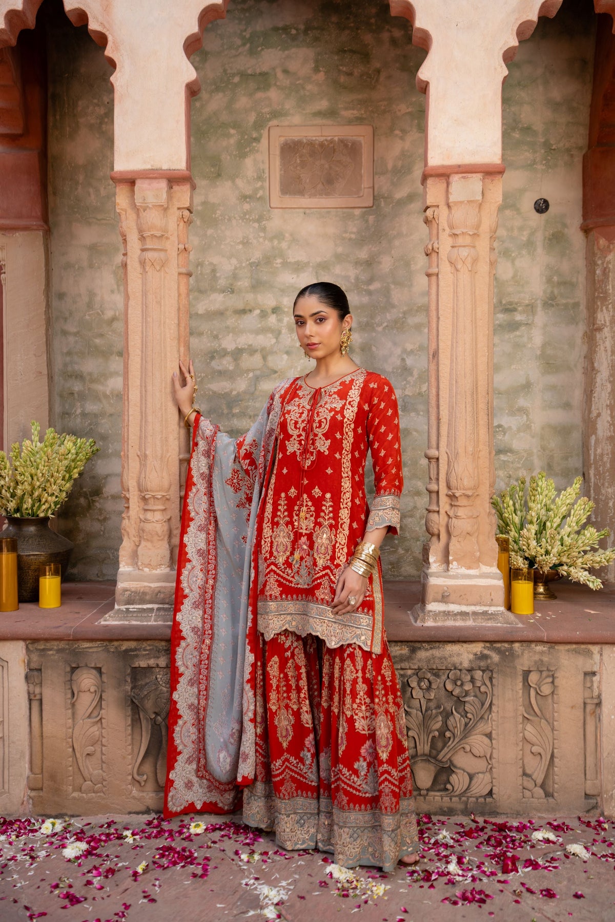 Elegant Rust Orange Embellished Crepe Silk Sharara Set