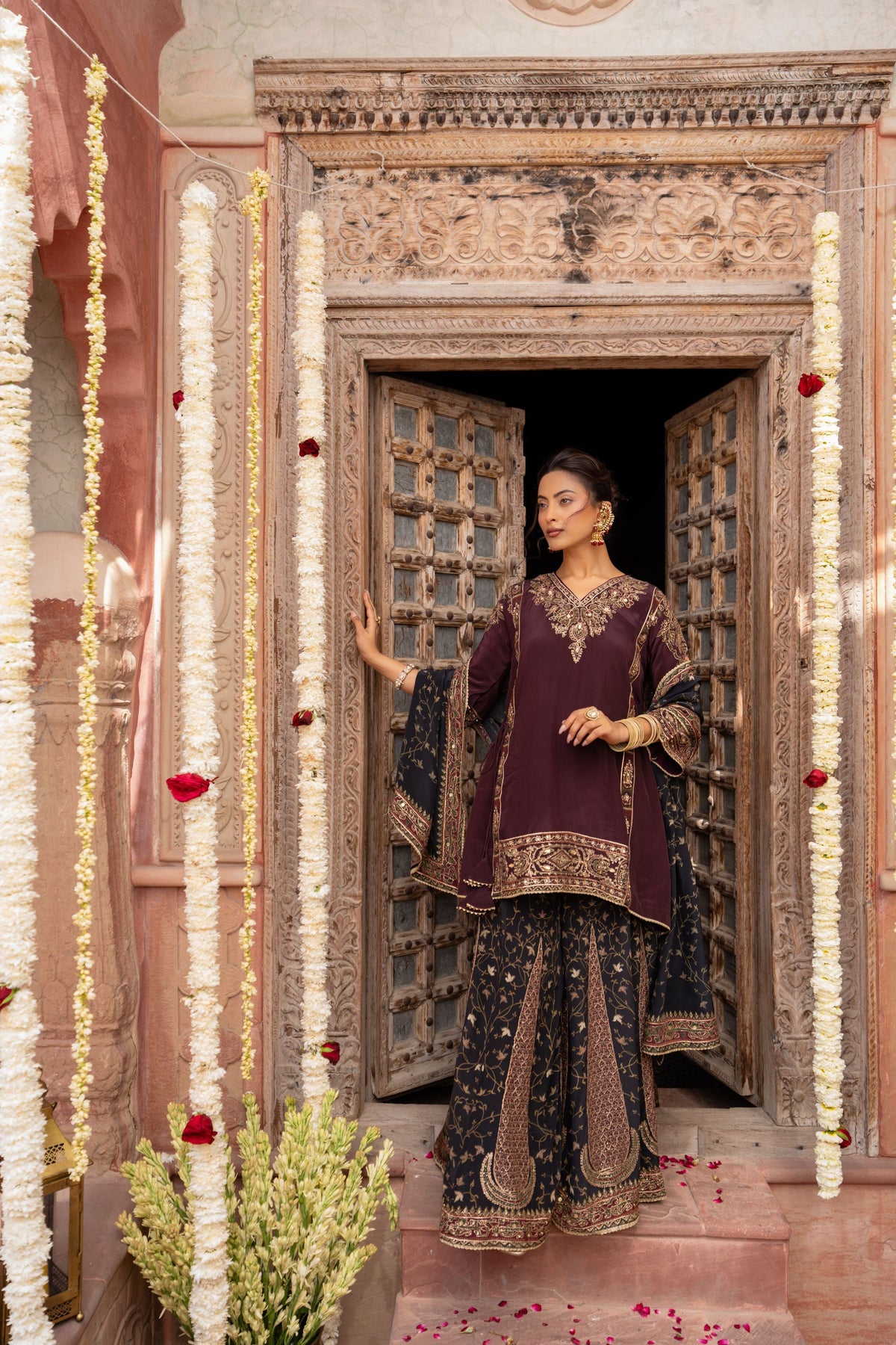 Deep Wine Embellished Crepe Silk Palazzo Set