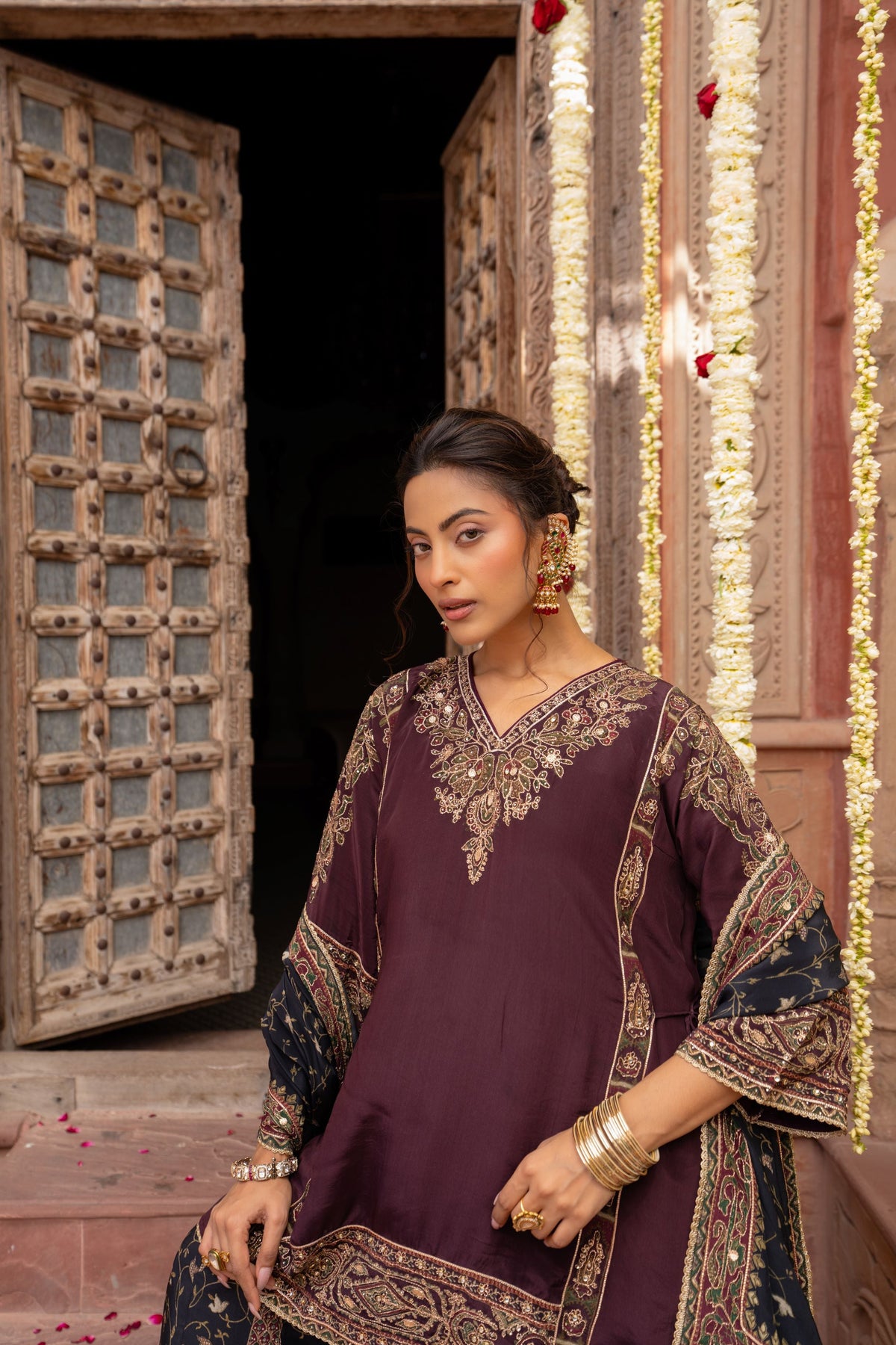 Deep Wine Embellished Crepe Silk Palazzo Set